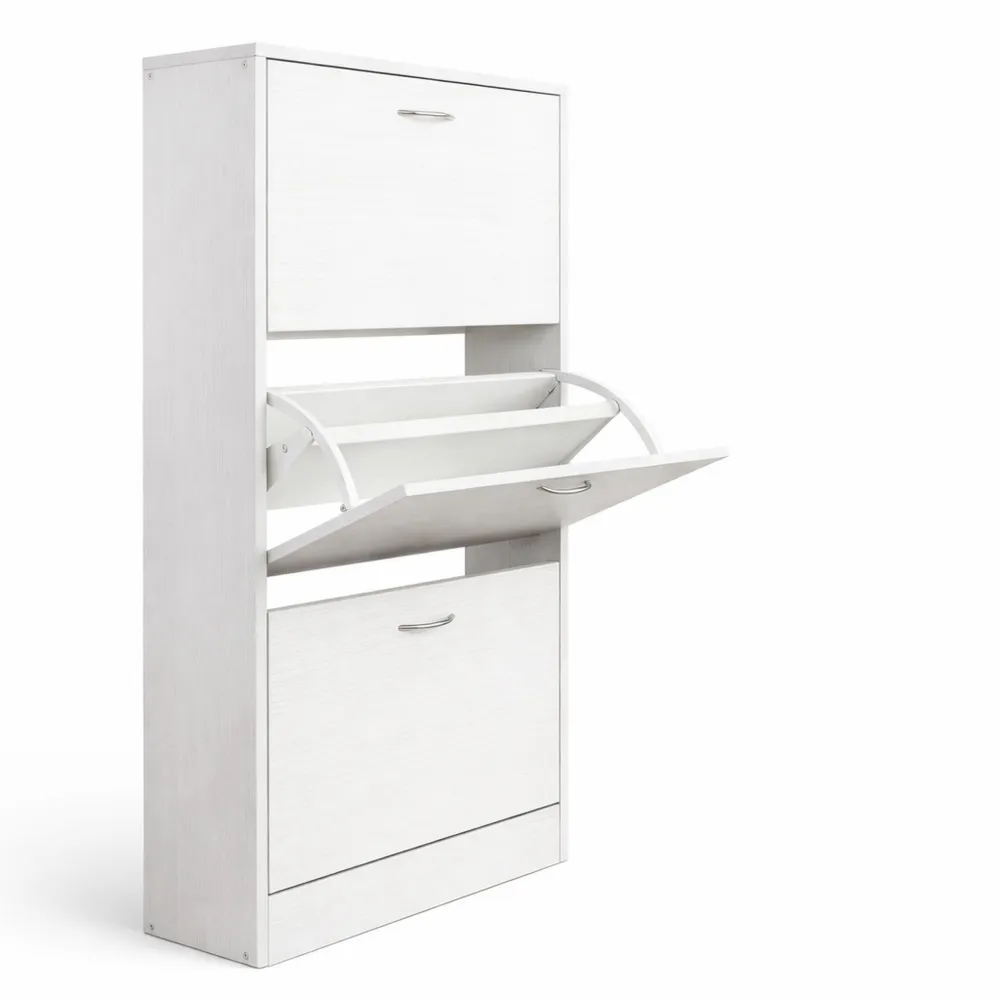 Scarpiera in Legno MDF con 3 Ante a Ribalta e Maniglie in Metallo, Doppia Profondità, Dimensioni Slim per Ingresso, 63 x 24 x 115 cm, Bianco Frassinato