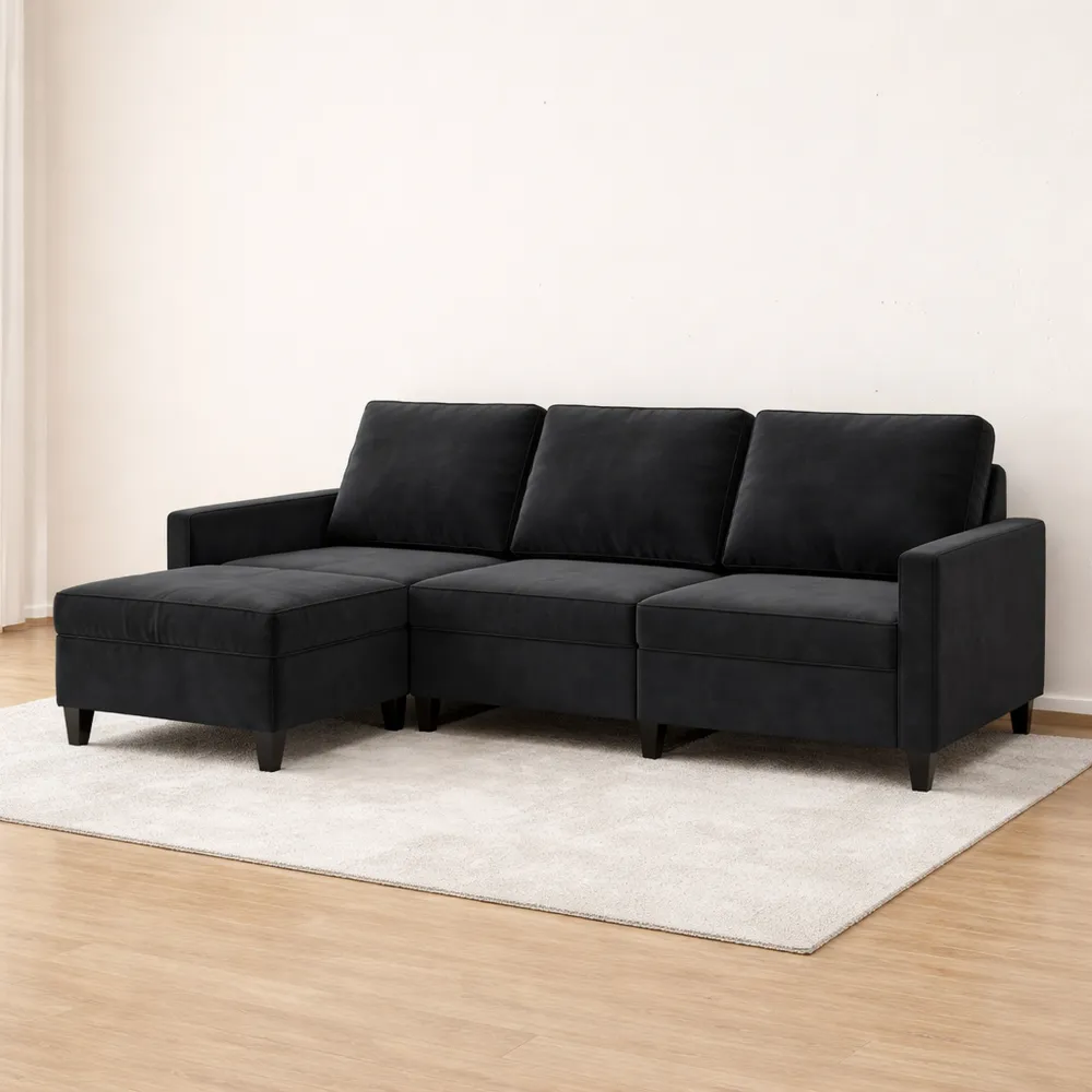 Divano angolare moderno in velluto nero con poggiapiedi, 180 cm