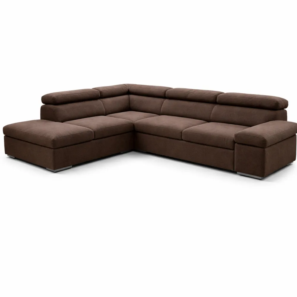 Divano angolare moderno con letto e pouf, testiere regolabili, marrone
