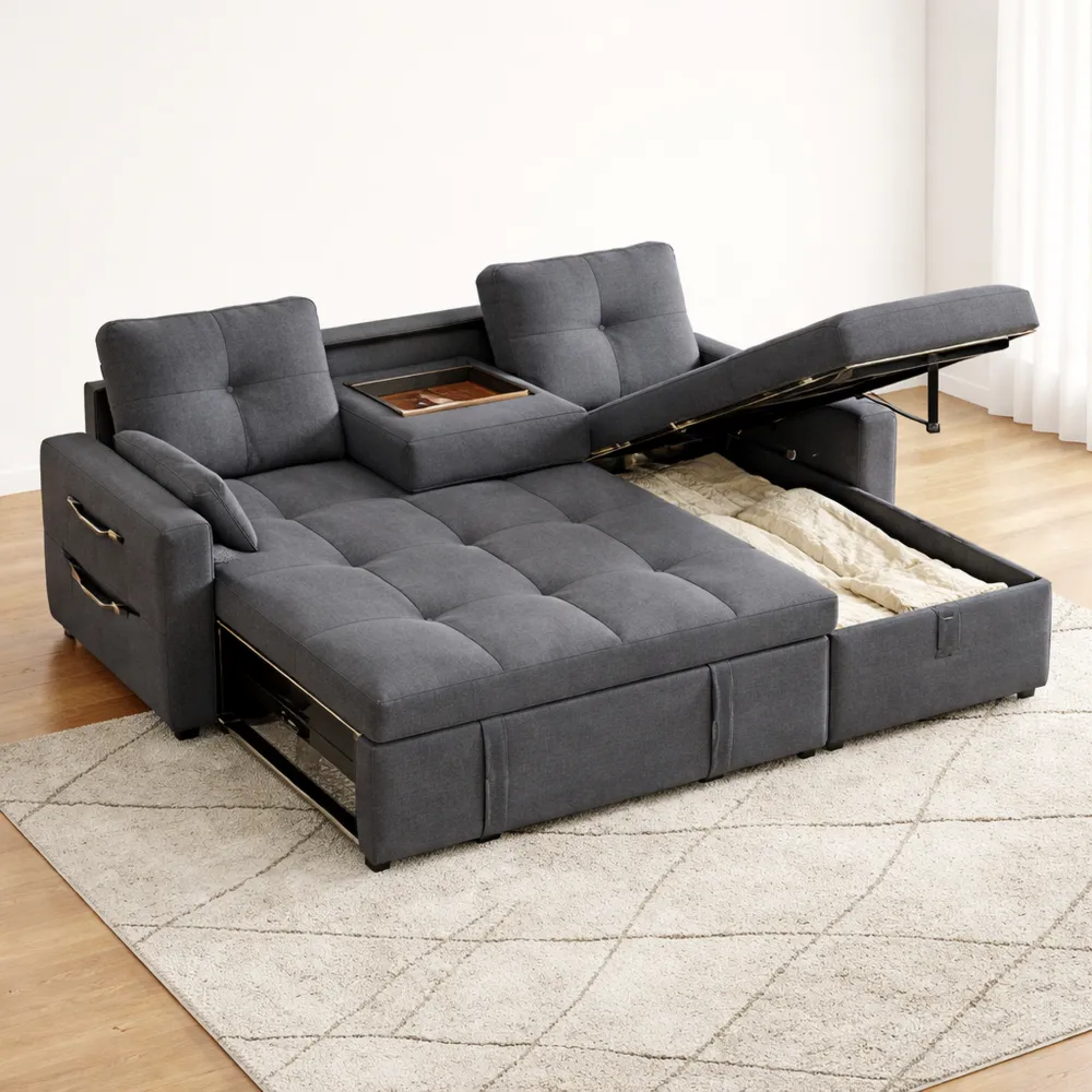 Divano Letto Angolare con Spazio Contenitore e Chaise Longue, Grigio