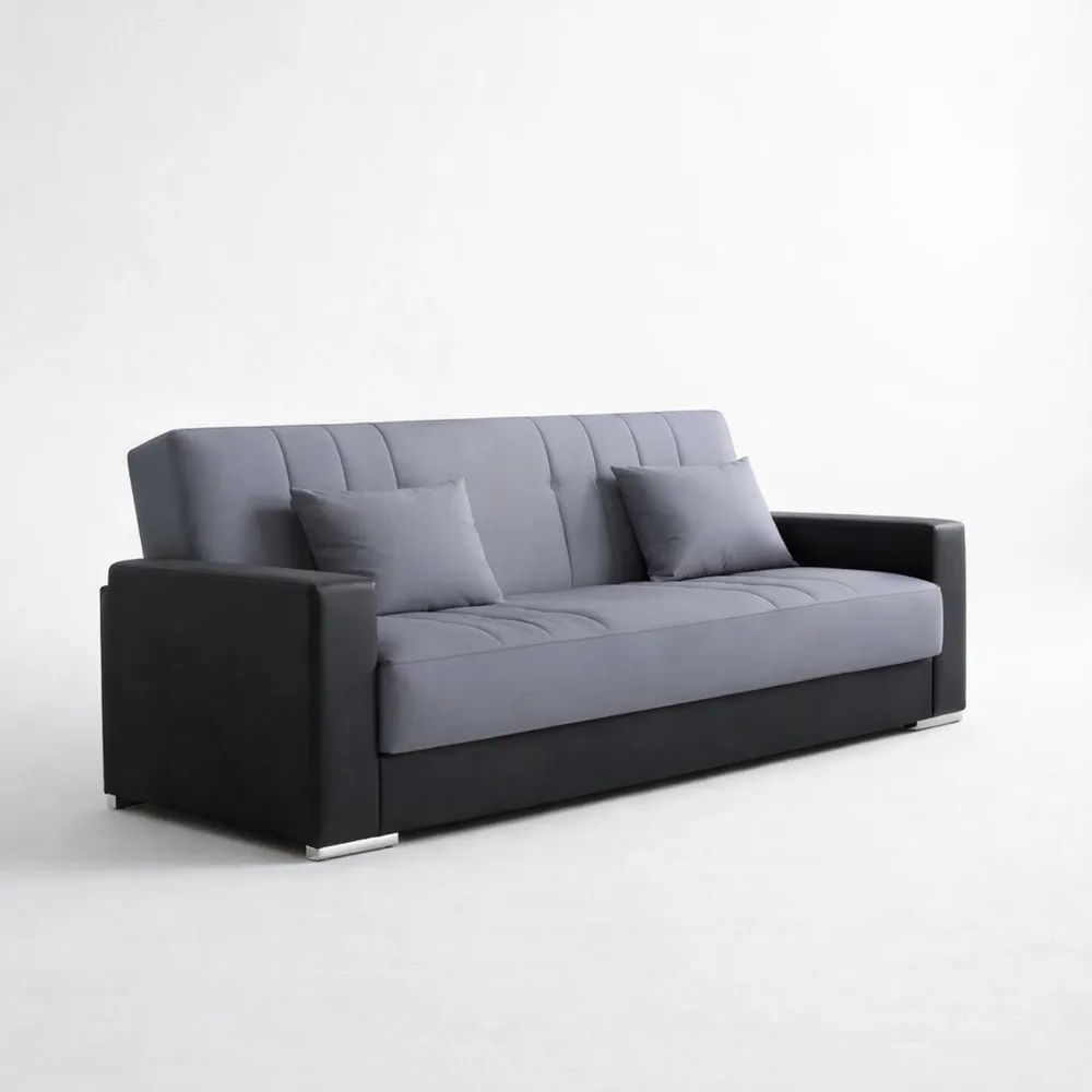 Divano Letto 3 Posti con Contenitore in Ecopelle e Tessuto, Apertura Click-clack, 2 Cuscini, 230x96x101 cm, Nero e Grigio