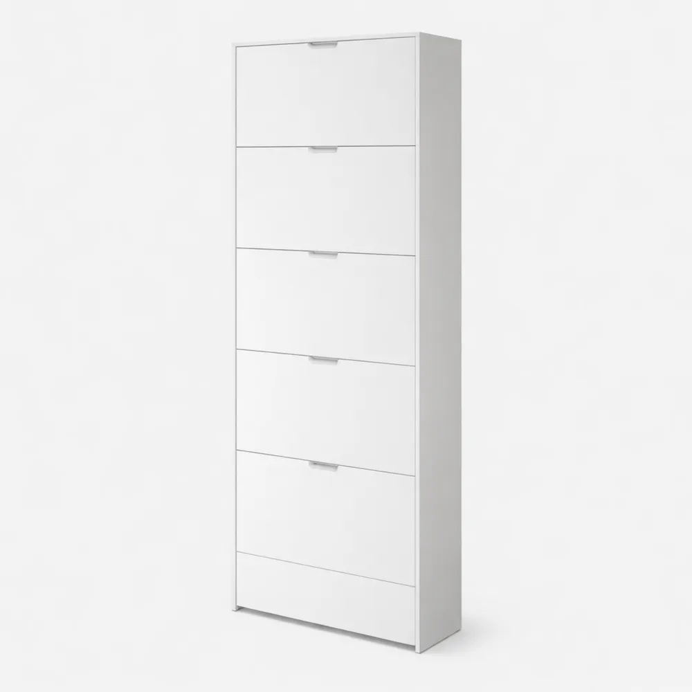 Scarpiera moderna a 5 ante a ribalta, bianco lucido, 70x17h180 cm