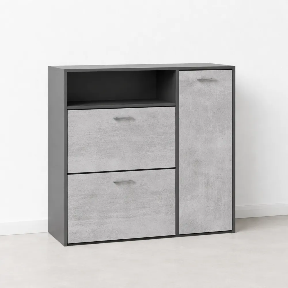 Scarpiera moderna a 3 ante per 24 paia di scarpe, ripiani regolabili, colore antracite e cemento