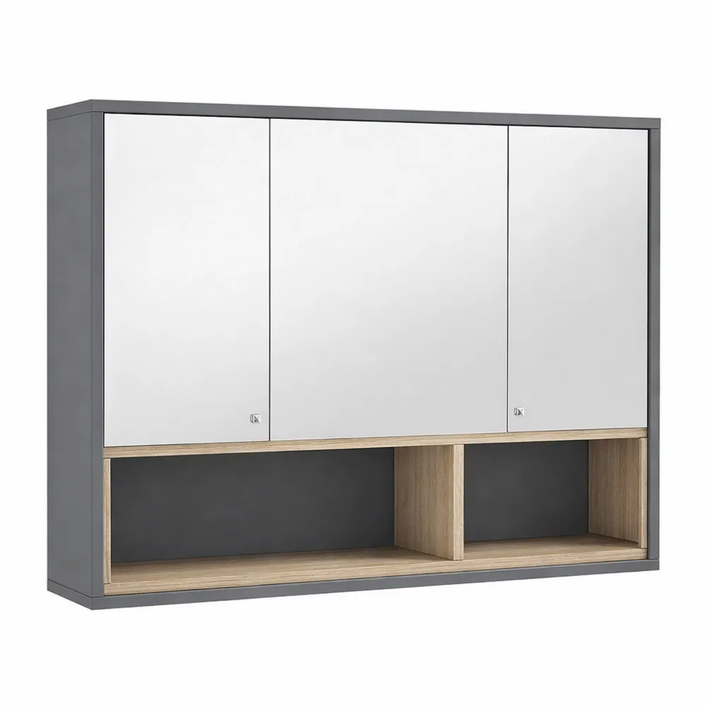 Specchiera Bagno a 3 Ante con Armadietto e 8 Scomparti in MDF, Grigio 80x20x60 cm
