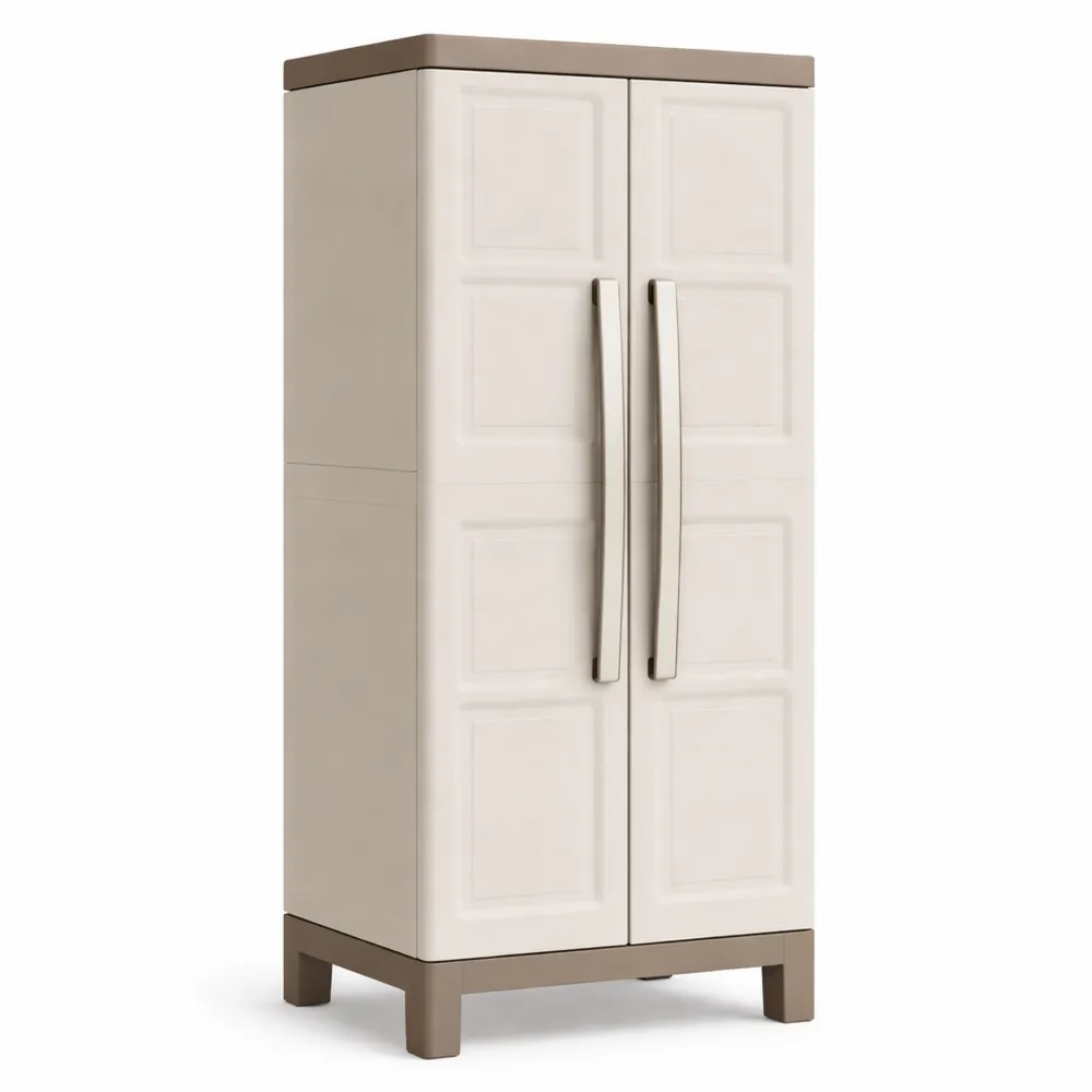 Armadio Portascope con Ripiani Regolabili e Vaschette Portaoggetti, Beige/Tortora, 65x45x182 cm