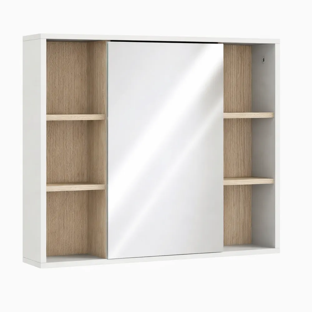 Armadio da Bagno con Specchio e Ripiani Regolabili, Colori Bianco e Legno