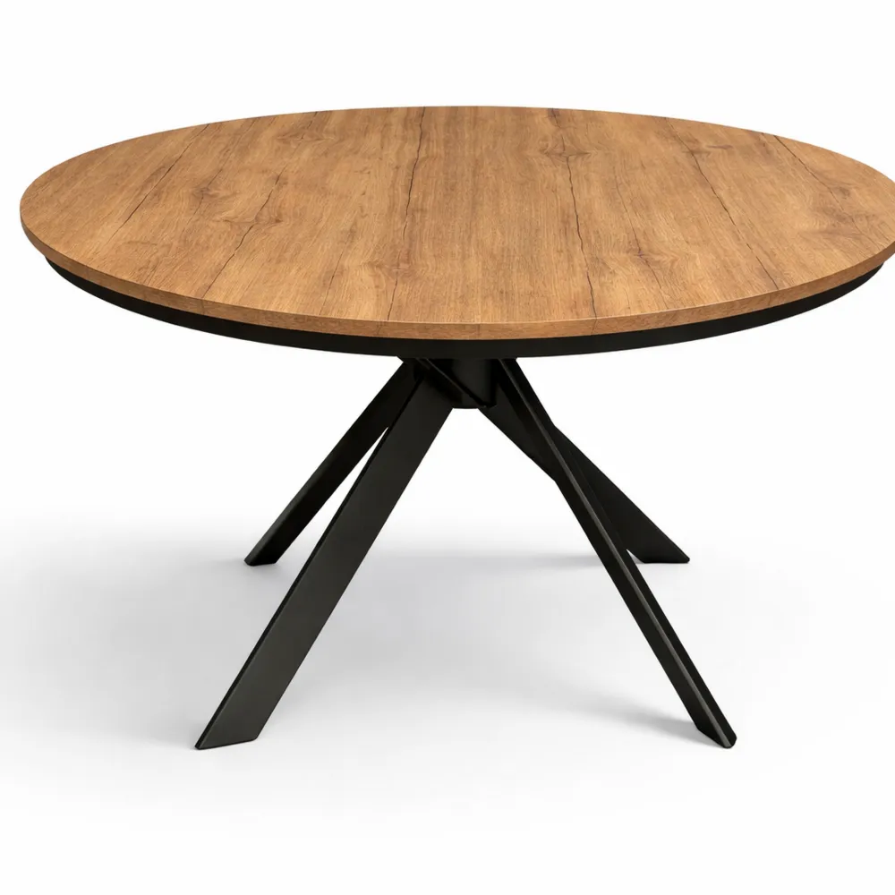 Tavolo Rotondo in Effetto Rovere Rustico con Gambe Incrociate in Metallo Antracite, Allungabile da 120 a 170 cm