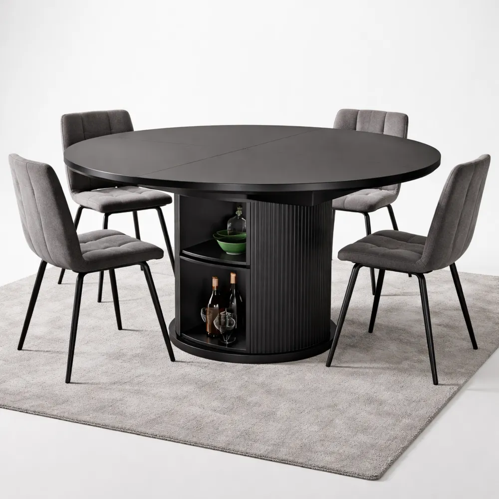 Tavolo Rotondo Allungabile Nero per 6 Persone, Design Classico, Adatto per Cucina e Soggiorno