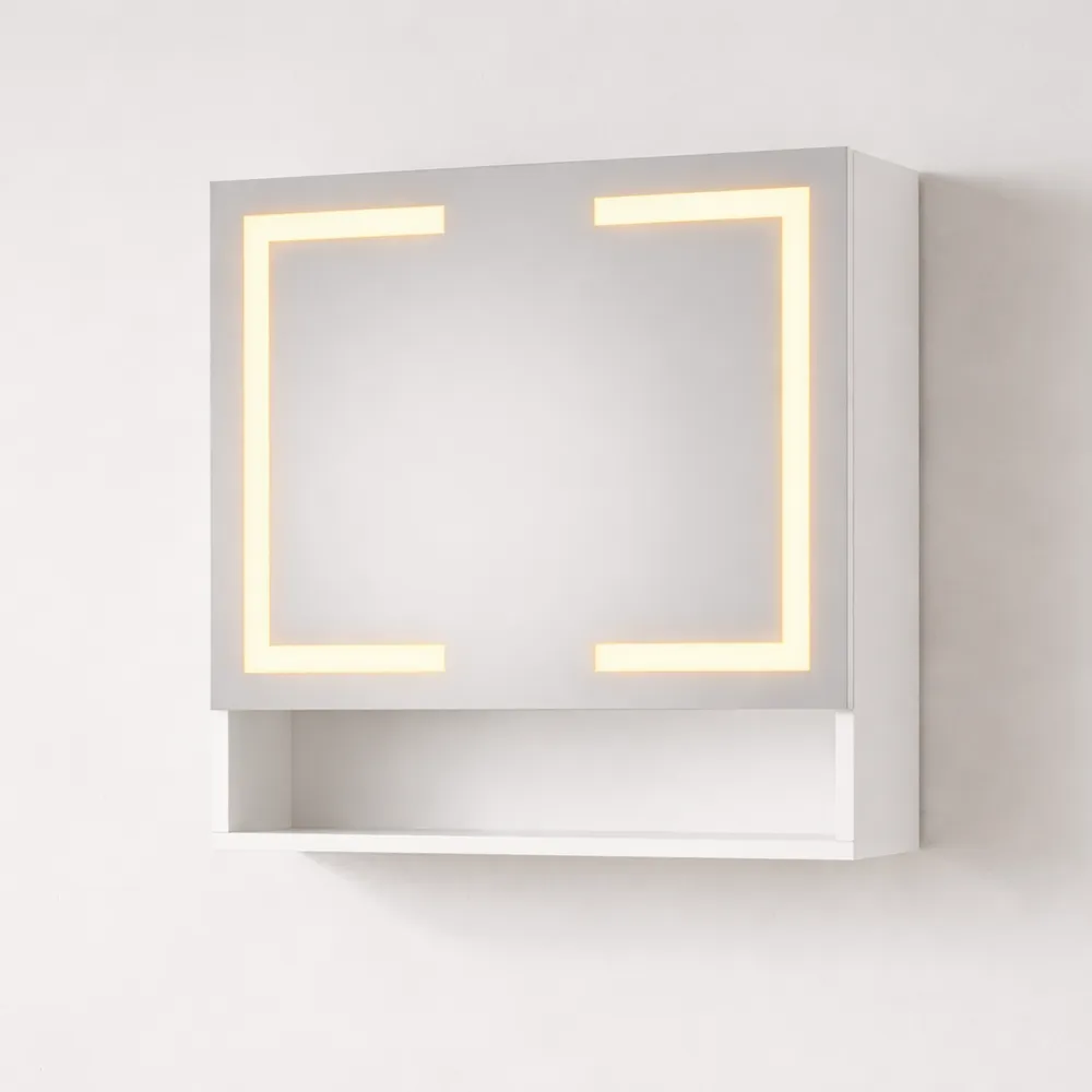 Specchio da Bagno con Luce LED, 2 Ante, 3 Mensole Regolabili, Sospeso Salvaspazio