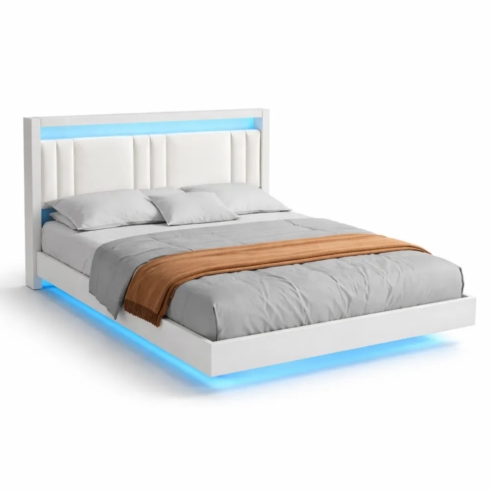 Letto Matrimoniale con LED e Stazione di Ricarica, Design Galleggiante, Rete a Doghe