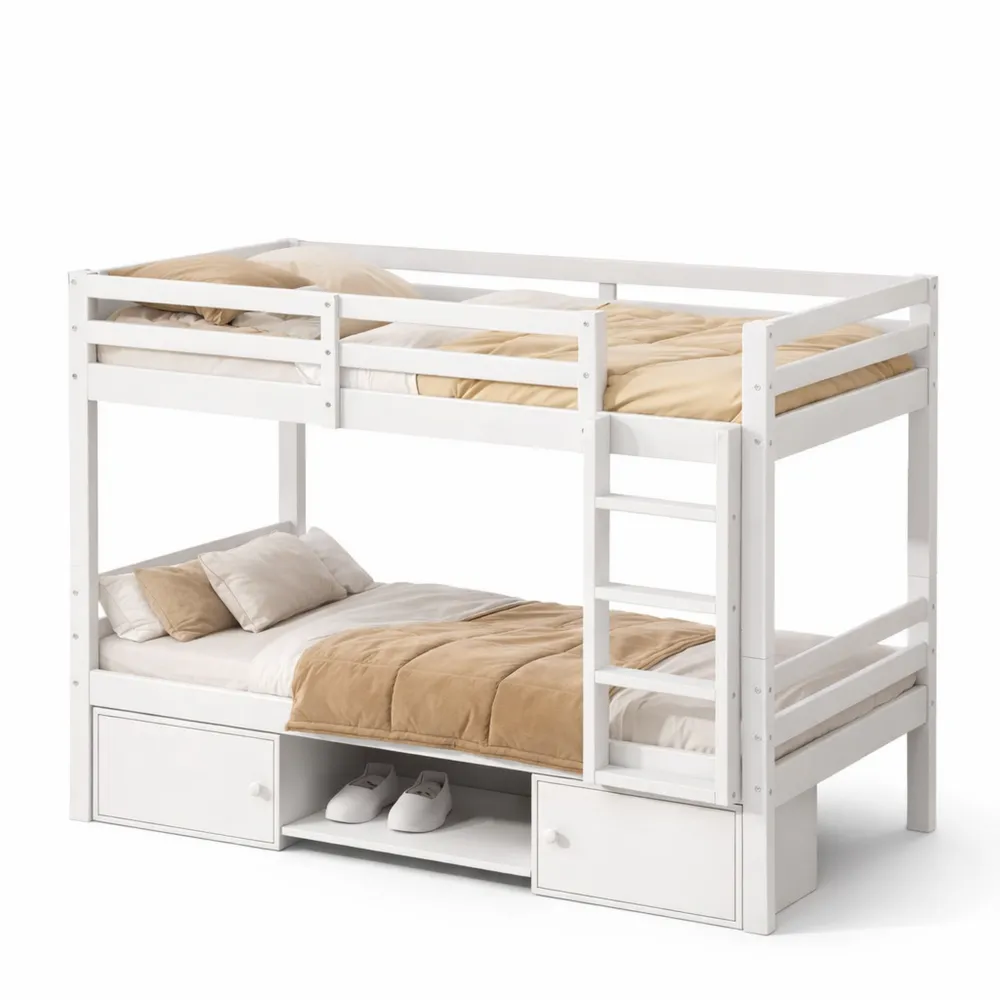 Letto a castello trasformabile con scarpiera e mobiletto, 90x200 cm, bianco, per bambini e adulti