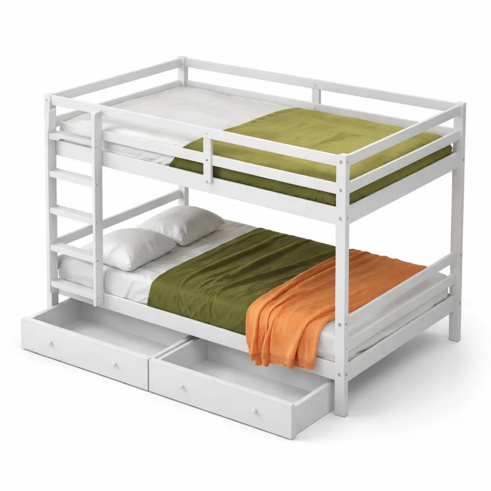 Letto a castello con cassetti e spazio di archiviazione, ringhiera alta, 140 x 200 cm