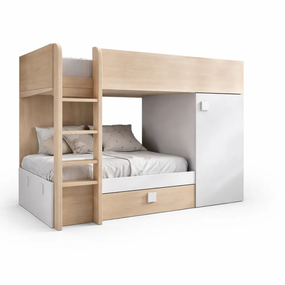 Letto a castello per cameretta bambini con armadio e cassetti, 255x112x150 cm, Bianco e Rovere
