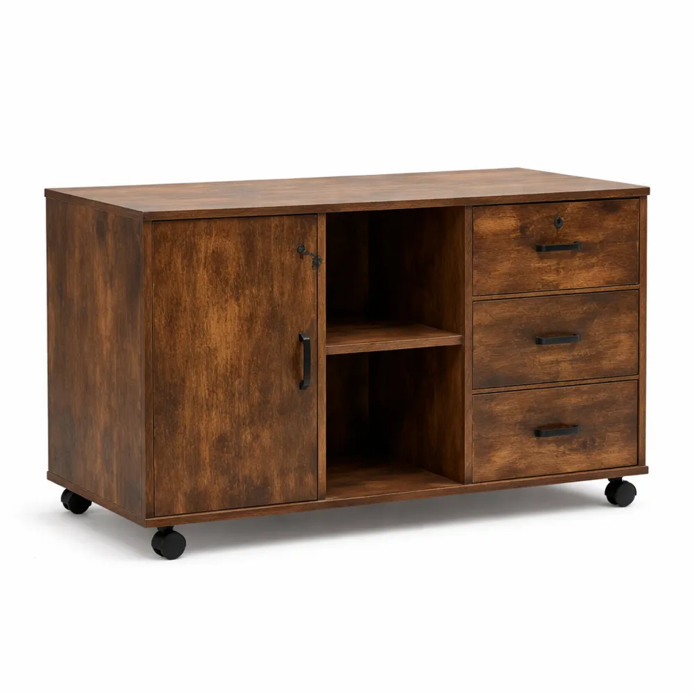 Armadio mobile con ruote e cassetti bloccabili, supporto per stampante e ripiani aperti