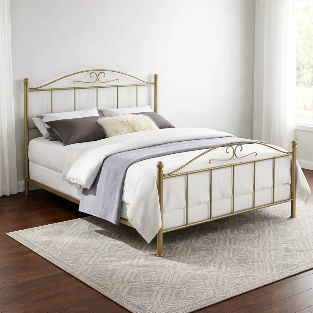 Letto Matrimoniale in Ferro Battuto, Colore Beige Anticato con Sfumature Oro, Dimensioni 170x120x195 cm