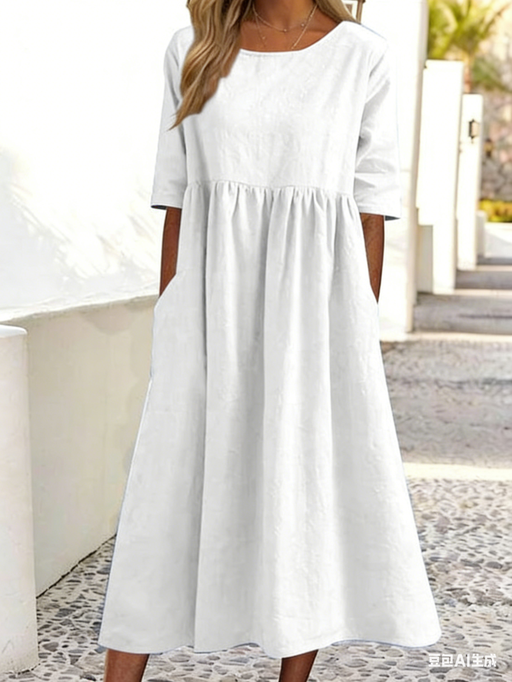 5-quarter Sleeve Casual Loose Solid Color Cotton and Linen Dress