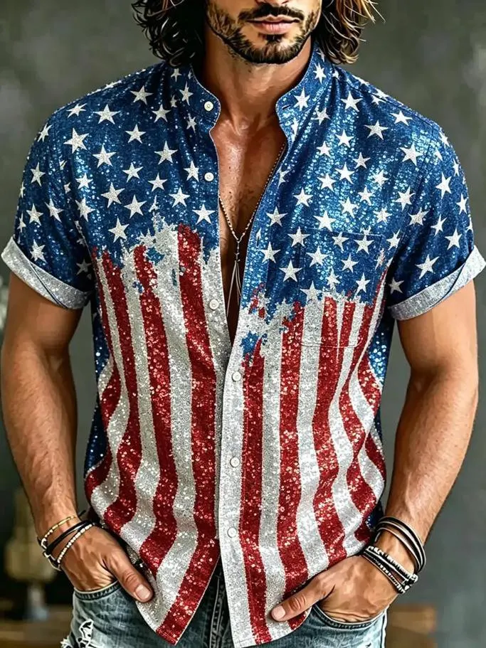 Men'S American Flag Glitter Color Blocked Printed Casual Shirt