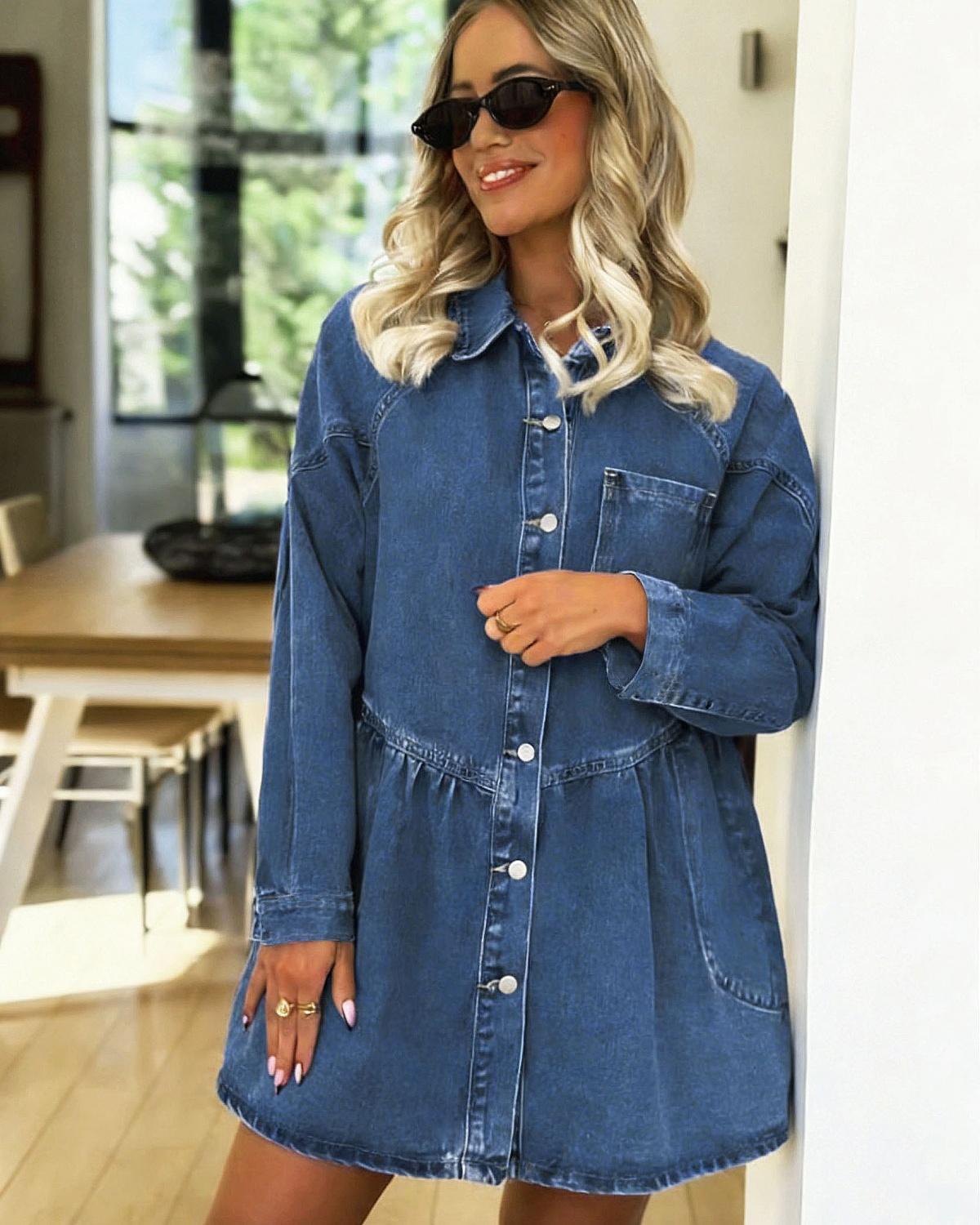Gray Buttoned Long Sleeve Denim Mini Dress