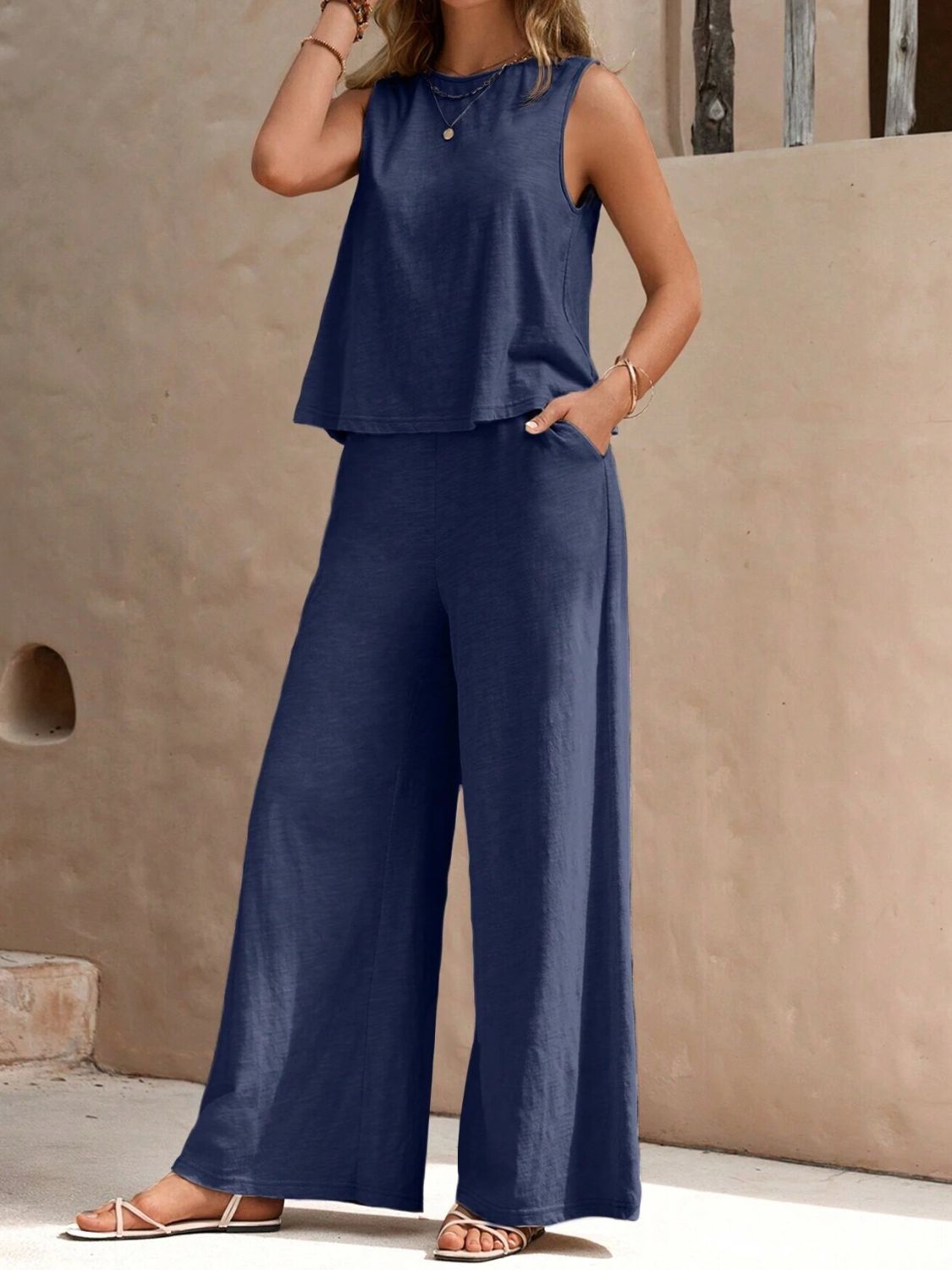 2 Sets-Cotton and linen-Round Neck Sleeveless Top and Wide Leg Pants Set