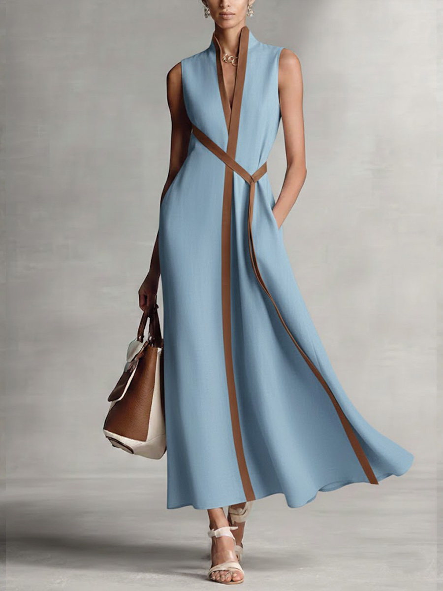 Women's Stand-up Collar Sleeveless Casual Loose Cotton And Linen Dress