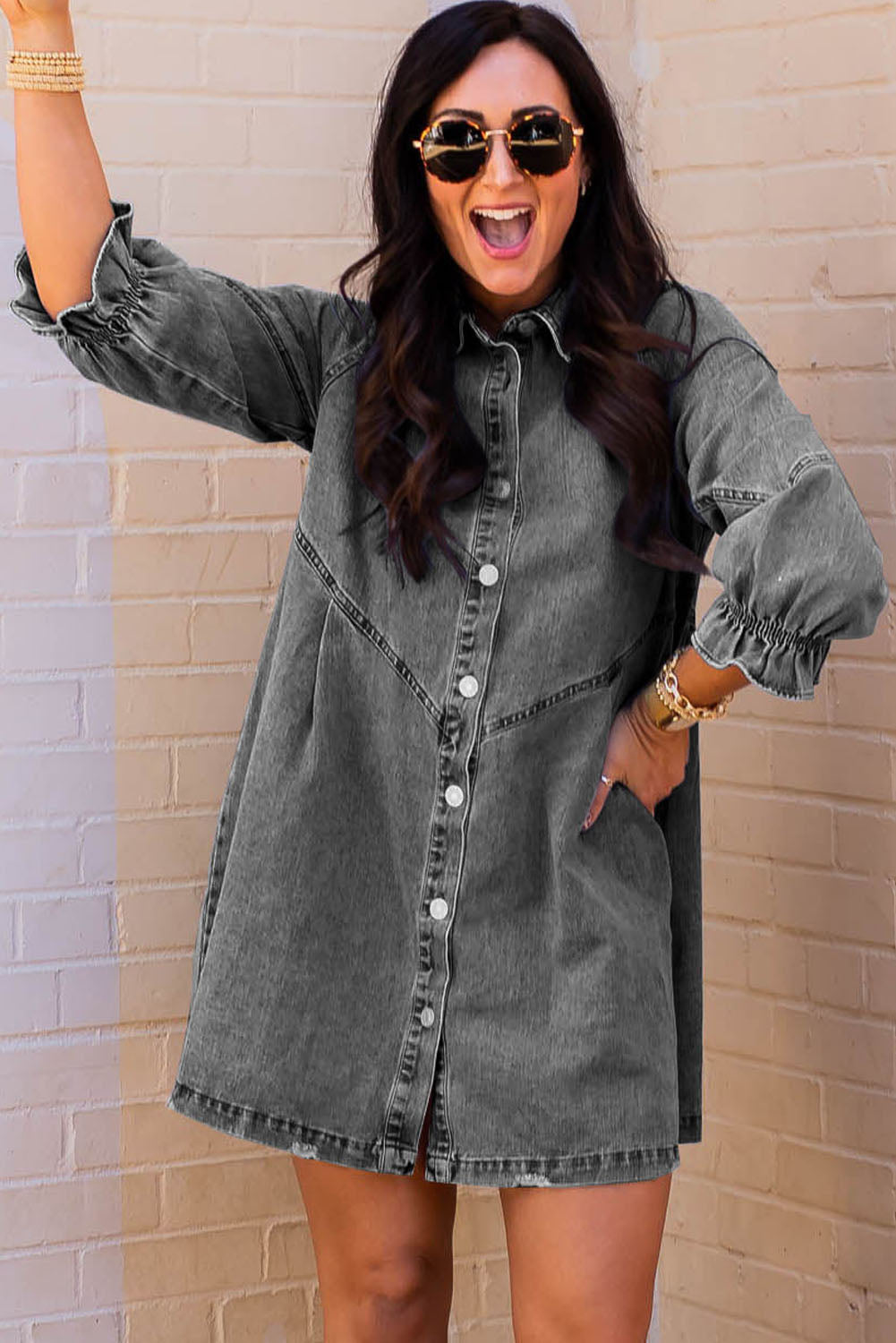 Gray Buttoned Long Sleeve Denim Mini Dress
