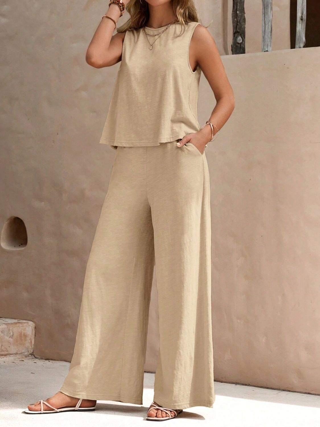 2 Sets-Cotton and linen-Round Neck Sleeveless Top and Wide Leg Pants Set