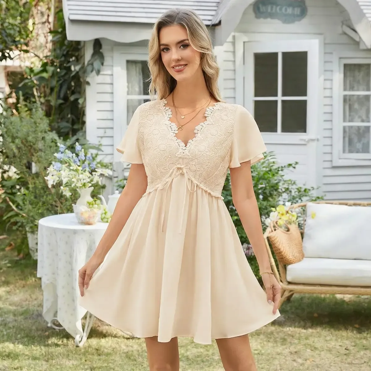 Florboom Women's Floral Lace Boho Deep V Neck Mini Dress Flutter Short Sleeve A-Line Flowy Dresses Perfect for Family Pictures,Wedding Guest, Bride, Baby Shower, Easter, Church