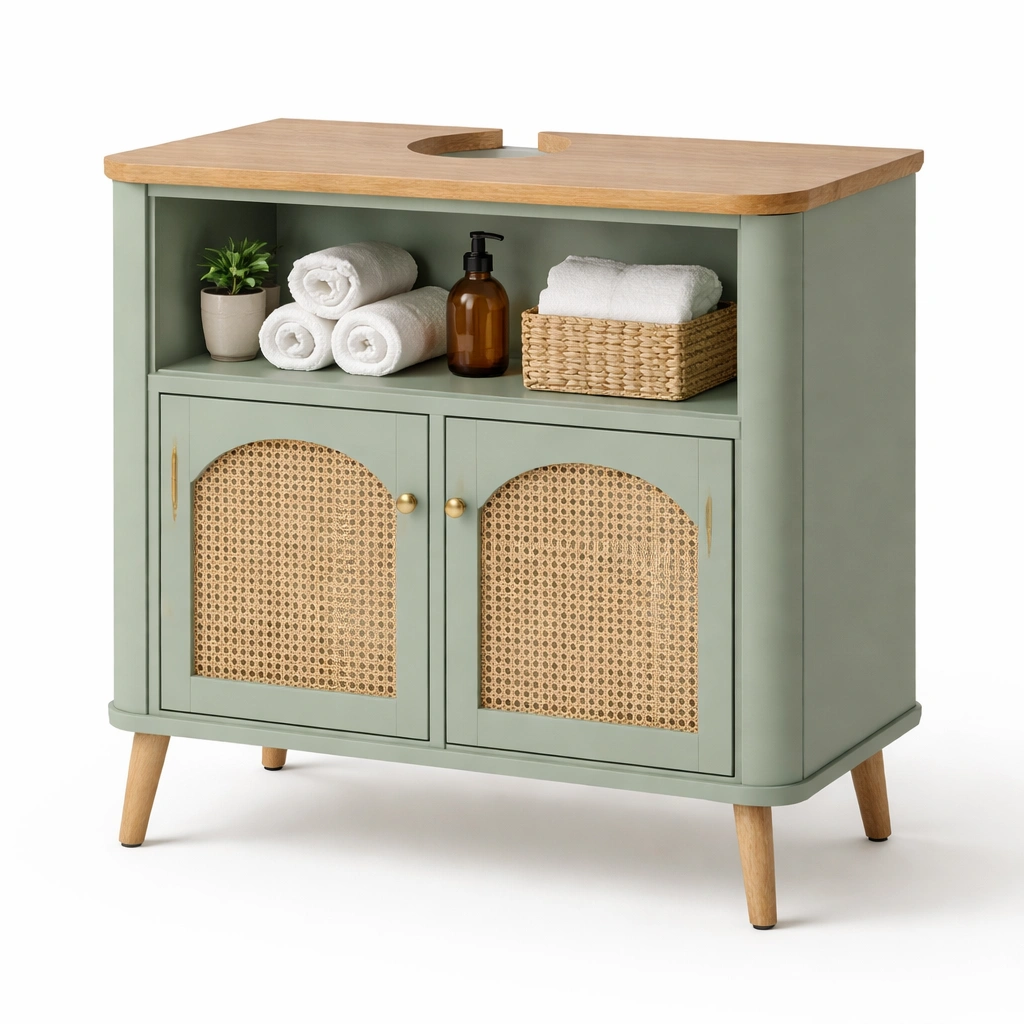 Badezimmermoebel gruen mit rattan tueren-kerlnova