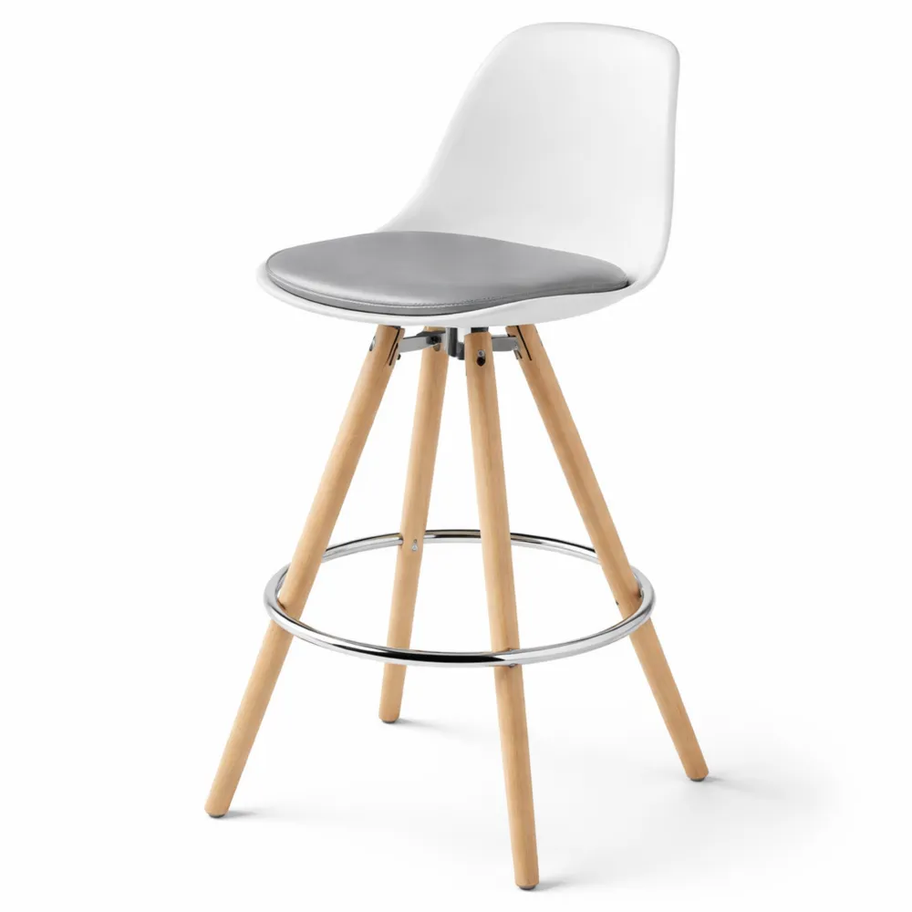Sgabello da bar con seduta in PU e gambe in legno, schienale in plastica, colore grigio-bianco