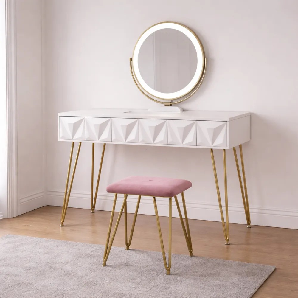 Tavolo da Toeletta Moderno con LED e Sgabello, 100 cm, Bianco