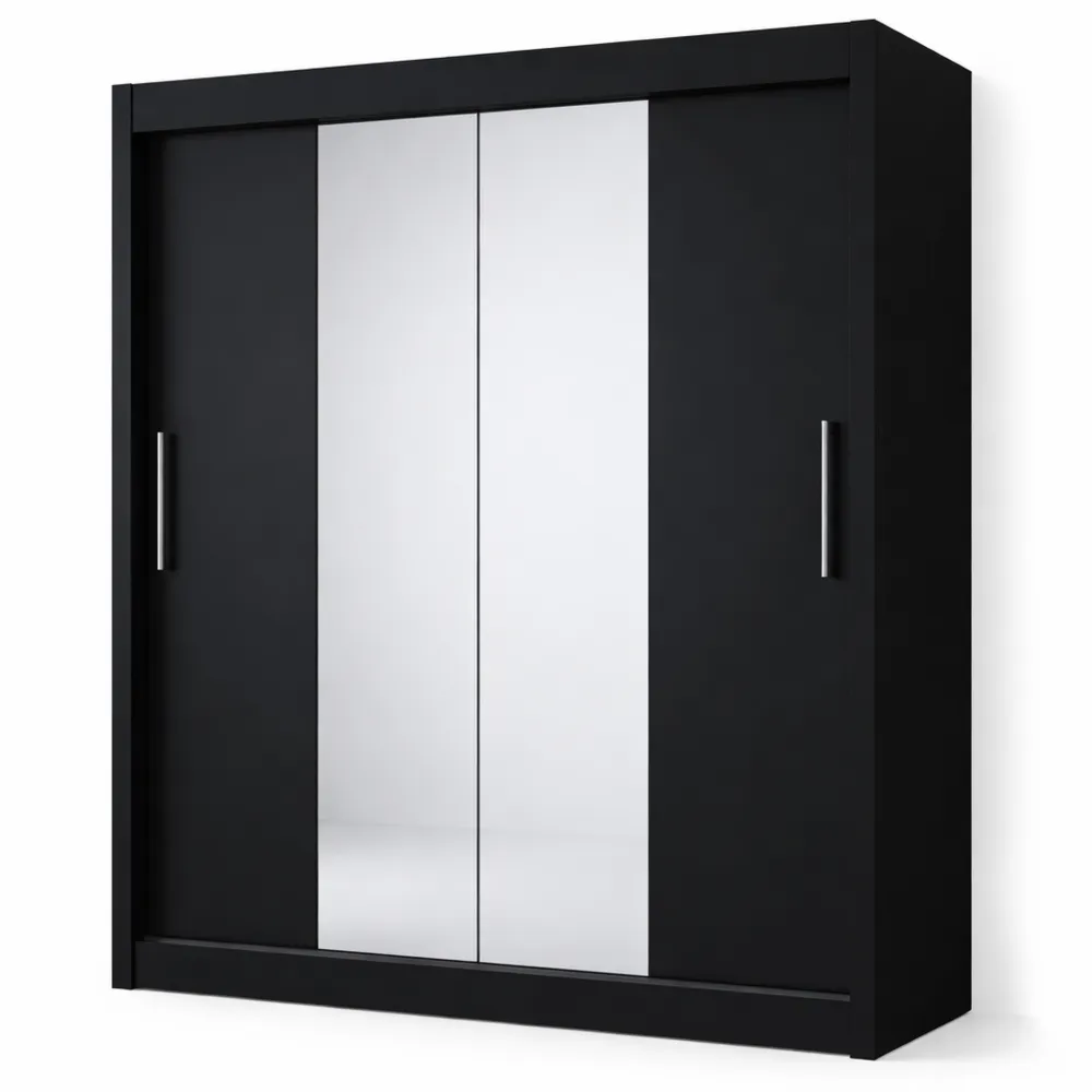 Armadio con ante scorrevoli nere con specchio, 120x200x58 cm, soluzione elegante per camera da letto moderna