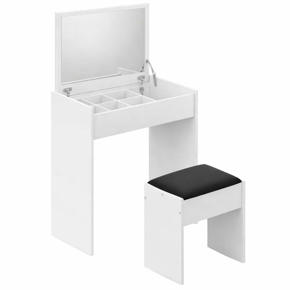 Mobile Toeletta con Specchio Richiudibile e Sgabello, 10 Scomparti, MDF Bianco