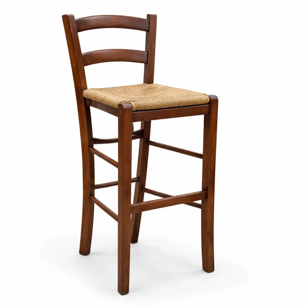 Sgabello da Bar Alto in Legno Noce Scuro con Seduta in Paglia