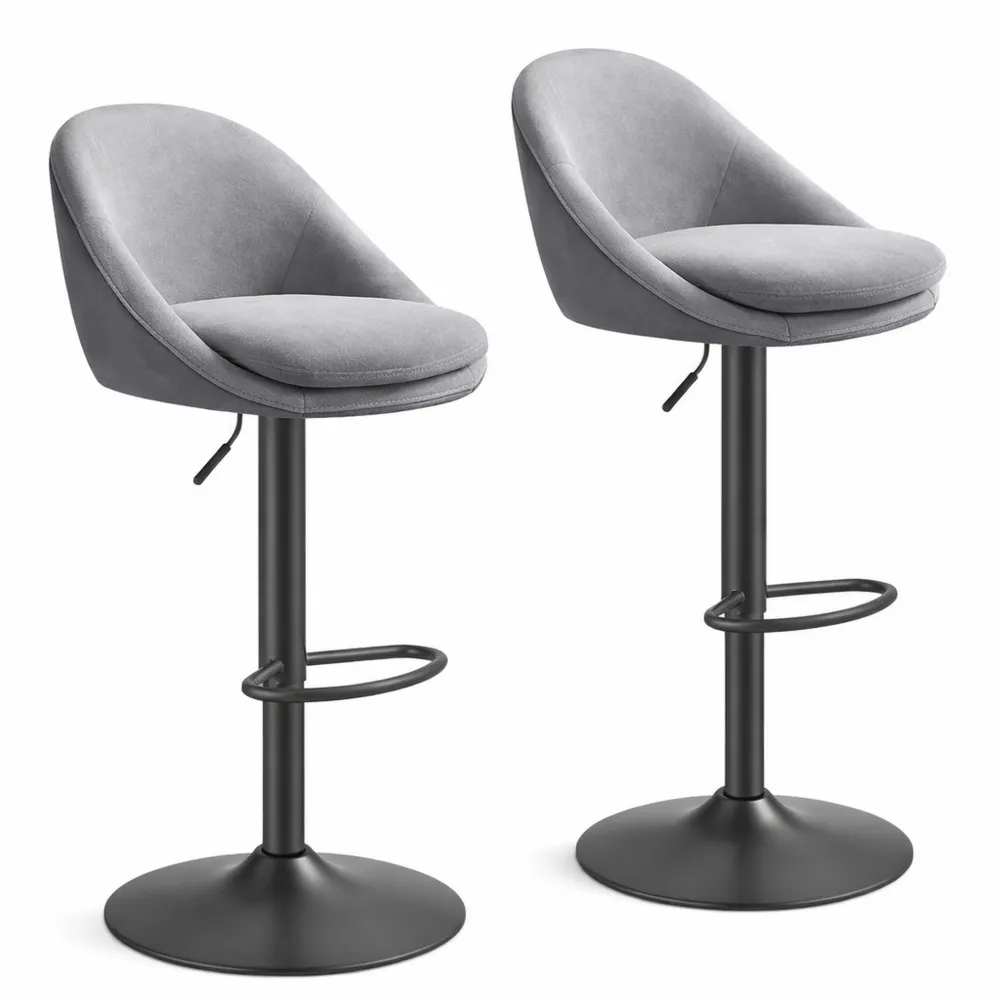 Set di 2 sgabelli da bar regolabili e girevoli a 360°, con poggiapiedi e schienale, per cucina e sala da pranzo, colore grigio