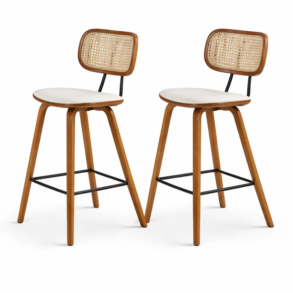 Coppia di Sedie Retrò per Cucina con Schienale in Rattan e Cuscino in Ecopelle, Gambe in Legno, Beige