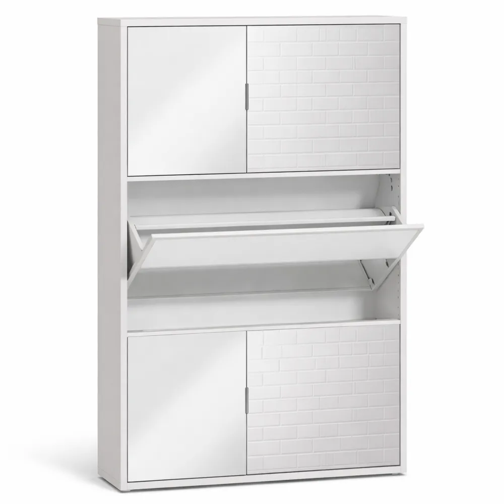 Scarpiera Salvaspazio con Specchio e 3 Ante a Ribalta, Porta Scarpe per 9 Paia, Bianco