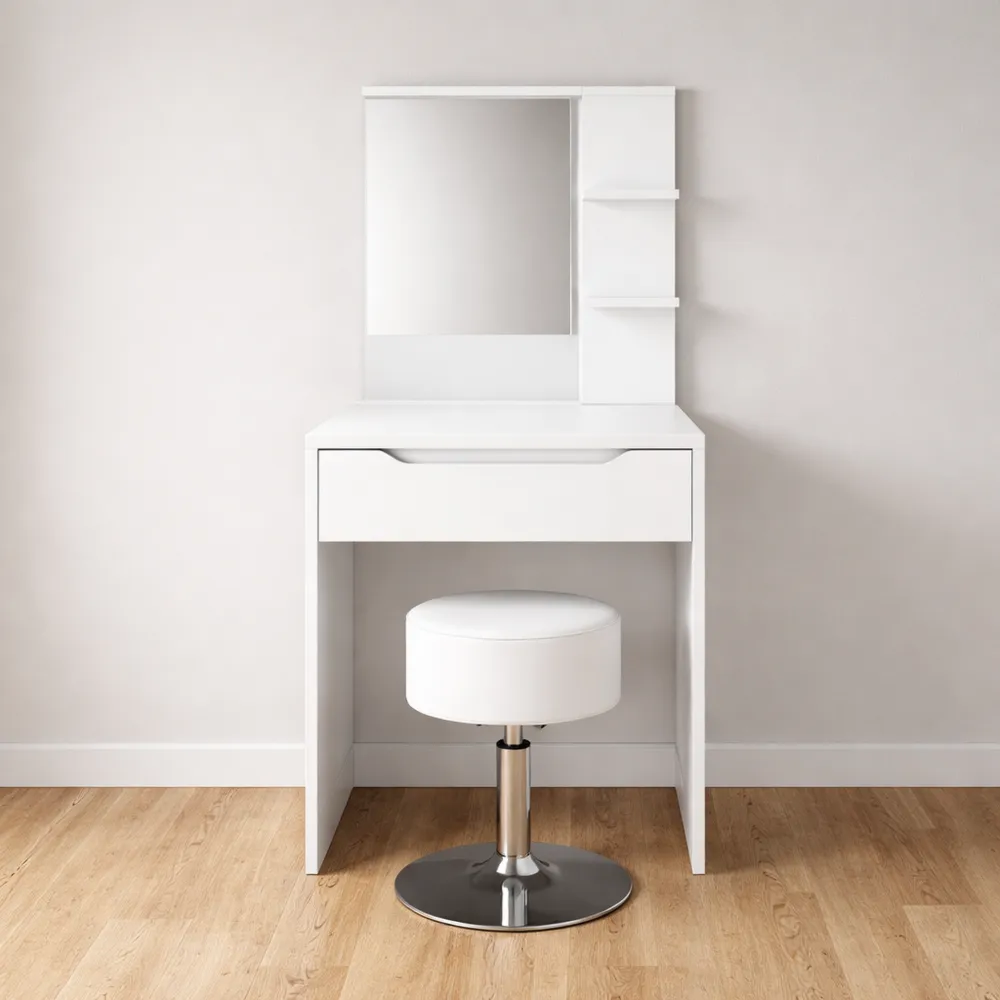 Tavolo da toeletta bianco con sgabello, 60 cm