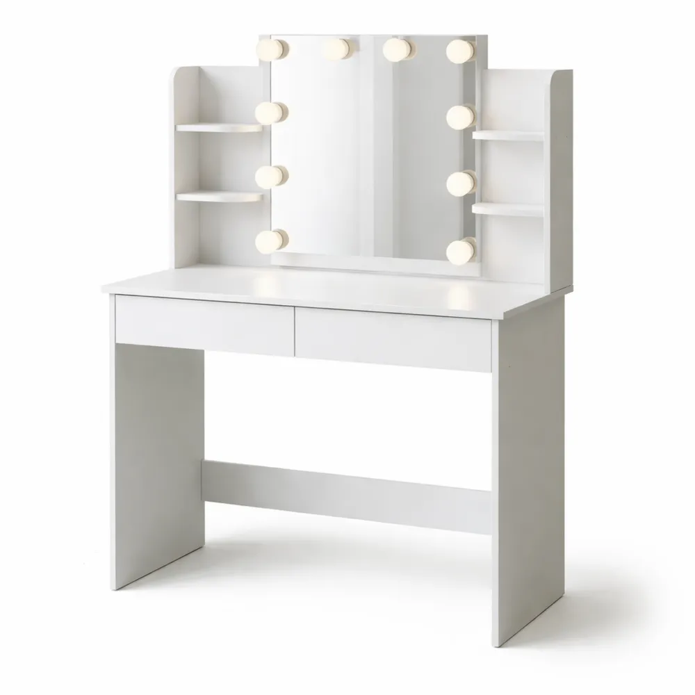 Tavolo da Trucco con Specchio e 10 Lampadine LED Dimmerabili, 2 Cassetti e 4 Ripiani, Bianco, 90x40x135 cm