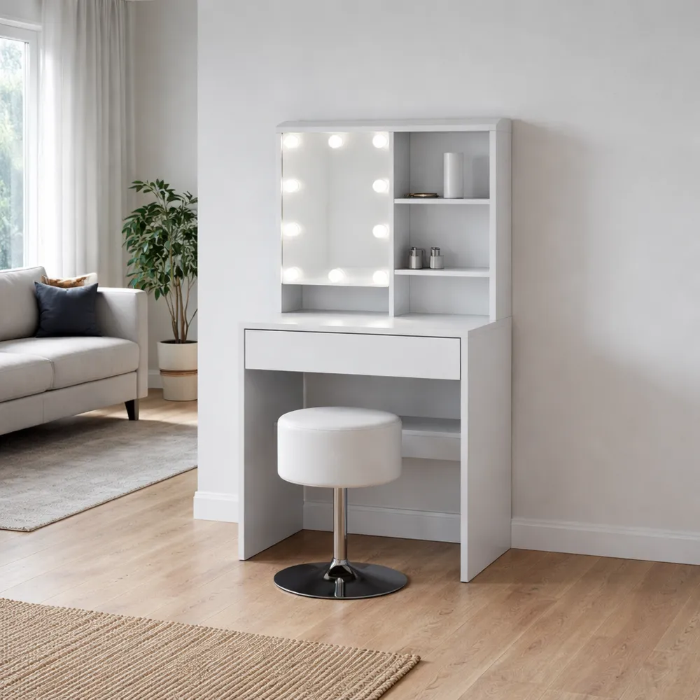 Tavolo da trucco bianco 70 cm con LED e sgabello