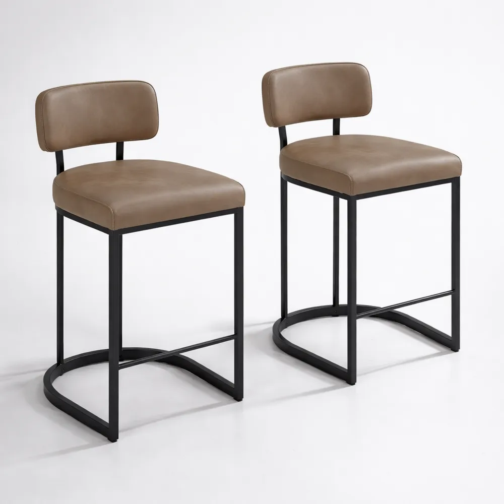 Coppia di Sgabelli Alti Retrò in Ecopelle con Schienale per Bancone Cucina