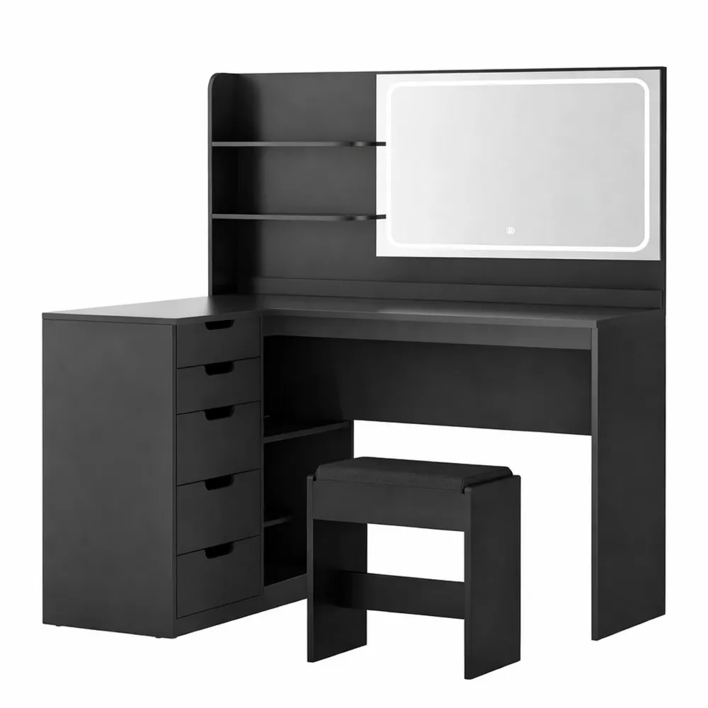 Toeletta Angolare con Luci LED e Sgabello, Tavolo da Trucco con Specchio e USB, 5 Cassetti, Luminosità Regolabile