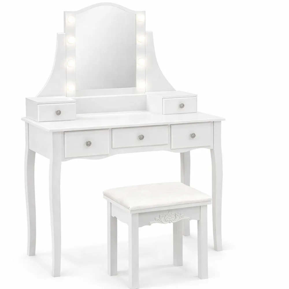 Toeletta da Trucco con Specchio Illuminato a 3 Colori, Tavolo e Sgabello con 5 Cassetti