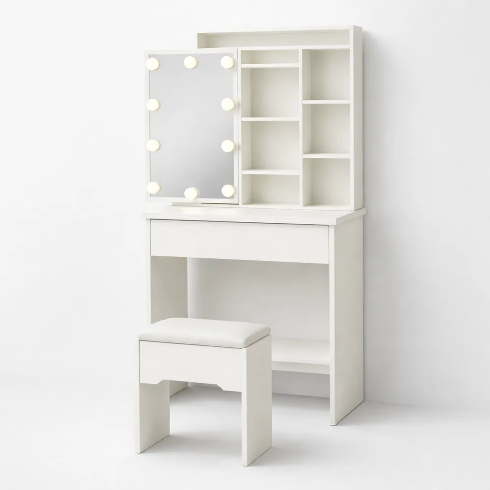 Elegante tavolo da toeletta con specchio LED e sgabello, 7 ripiani e ampio cassetto per camera da letto