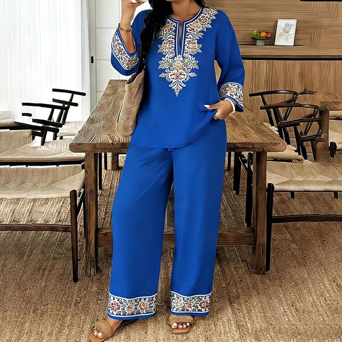 Women Ethnic Floral Lace 2 Piece Blouse & Pants Set