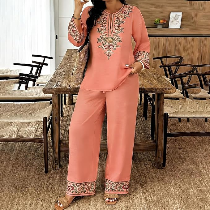 Women Ethnic Floral Lace 2 Piece Blouse & Pants Set