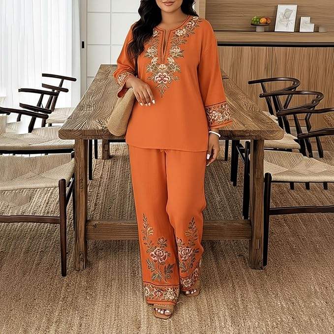 Women Ethnic Floral Lace 2 Piece Blouse & Pants Set