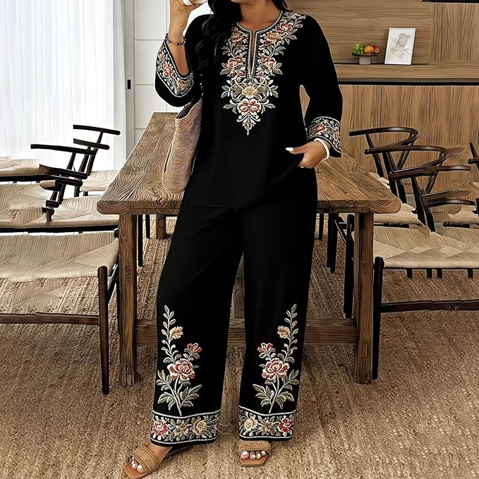 Women Ethnic Floral Lace 2 Piece Blouse & Pants Set