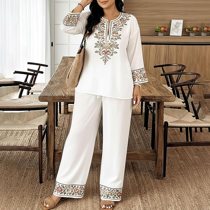 Women Ethnic Floral Lace 2 Piece Blouse & Pants Set