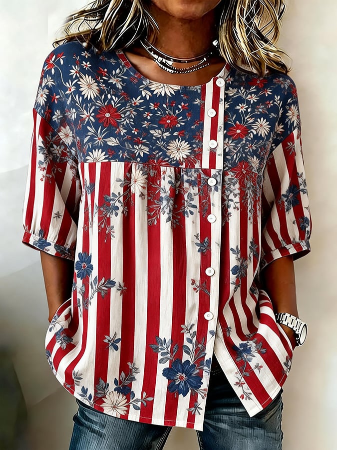 Women's Casual Patriotic Loose Cotton-Linen Top