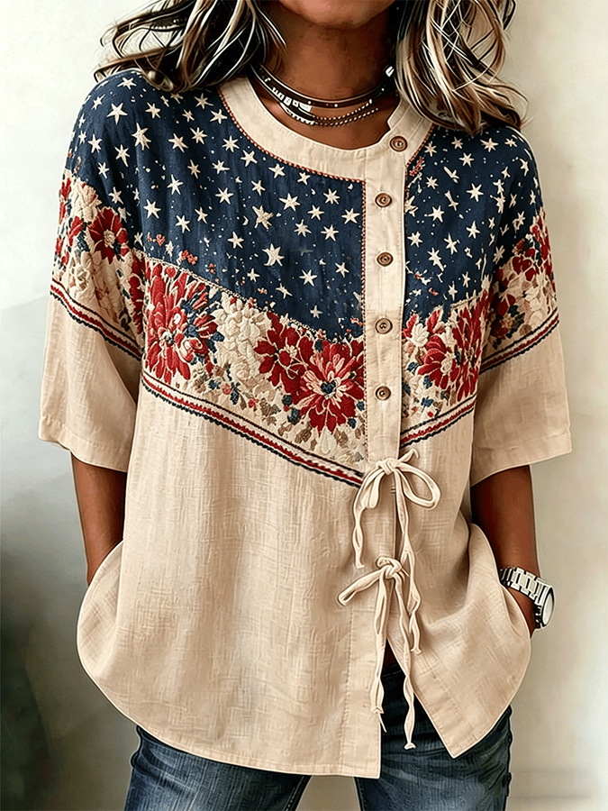 Women's 250th Anniversary American Print Cotton Linen Casual Shirt